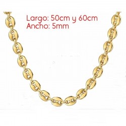 Collar de acero inoxidable con baño de oro y eslabones en forma de grano de café de 5 milímetros de ancho.