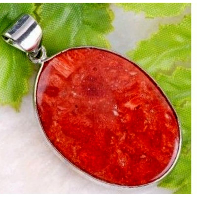 Colgante de acero inoxidable con baño de plata y una piedra central facetada en color rojo intenso.