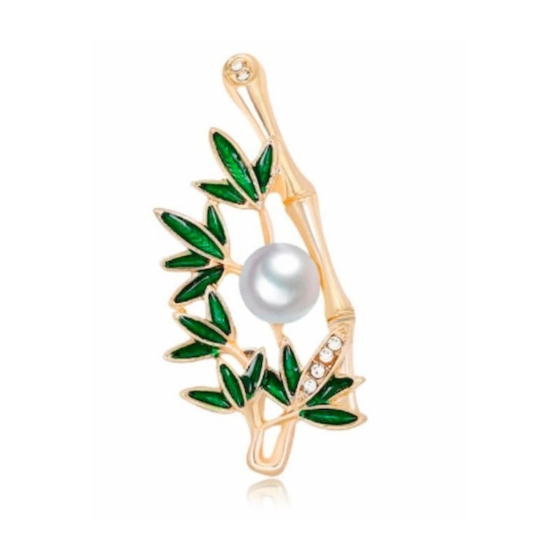 Broche para mujer con perla central, hojas esmaltadas en verde y detalles de piedras circonitas brillantes.