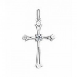 Colgante de acero inoxidable con cristal central blanco brillante y una pequeña cruz grabada en el diseño.