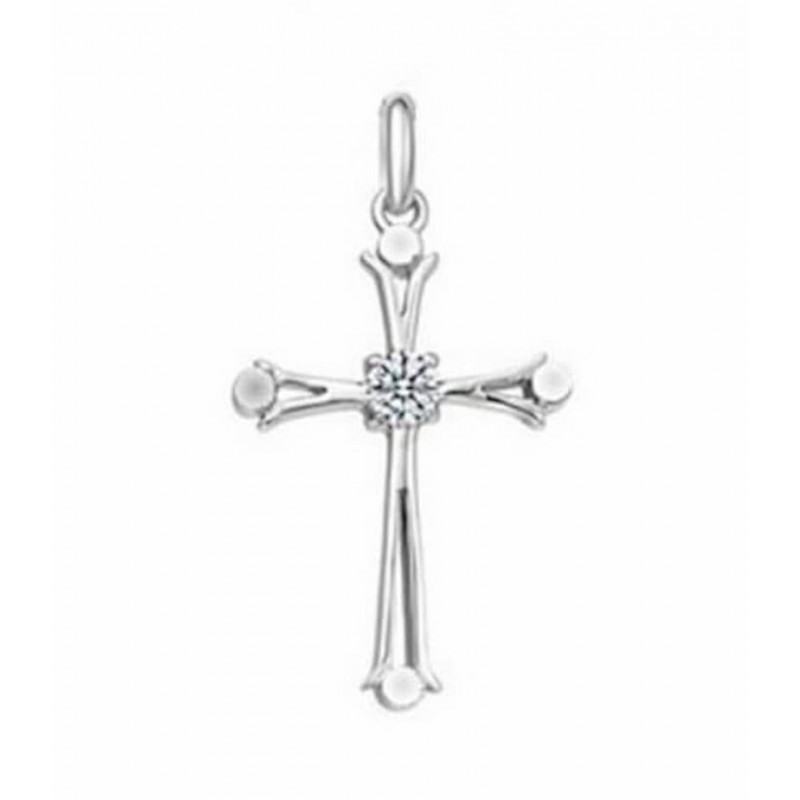 Colgante de acero inoxidable con cristal central blanco brillante y una pequeña cruz grabada en el diseño.
