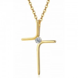 Collar de acero inoxidable para mujer con colgante de cruz católica y detalle de circonia central engastada.