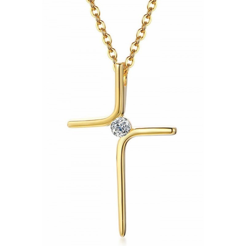 Collar de acero inoxidable para mujer con colgante de cruz católica y detalle de circonia central engastada.