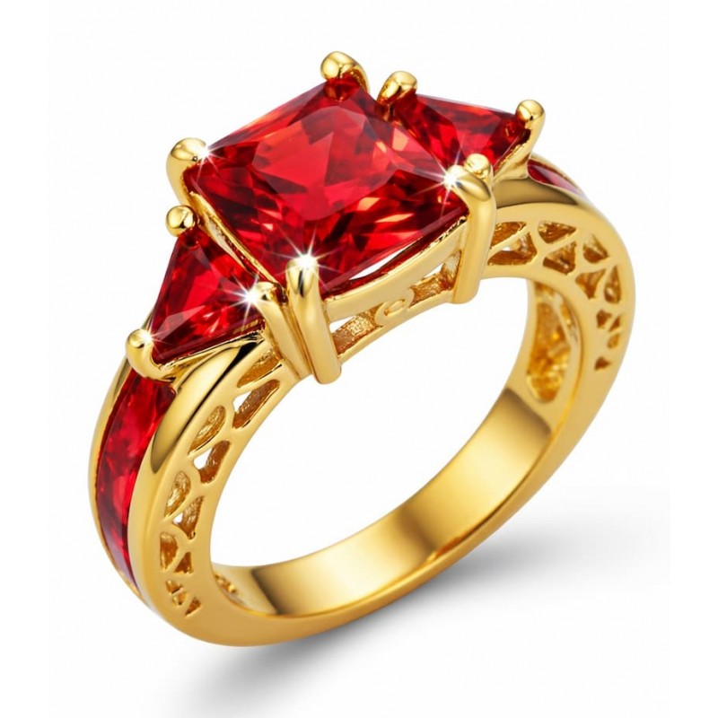 Anillo de acabado dorado con piedras rojas
