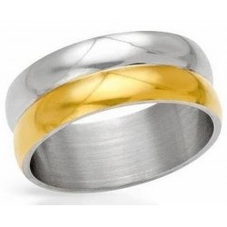 Anillo de acero inoxidable para mujer con diseño combinado en tonos oro amarillo y plata pulida.
