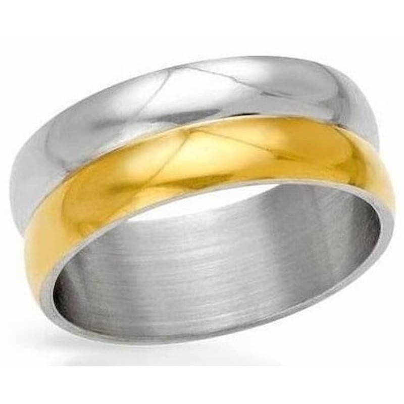 Anillo de acero inoxidable para mujer con diseño combinado en tonos oro amarillo y plata pulida.