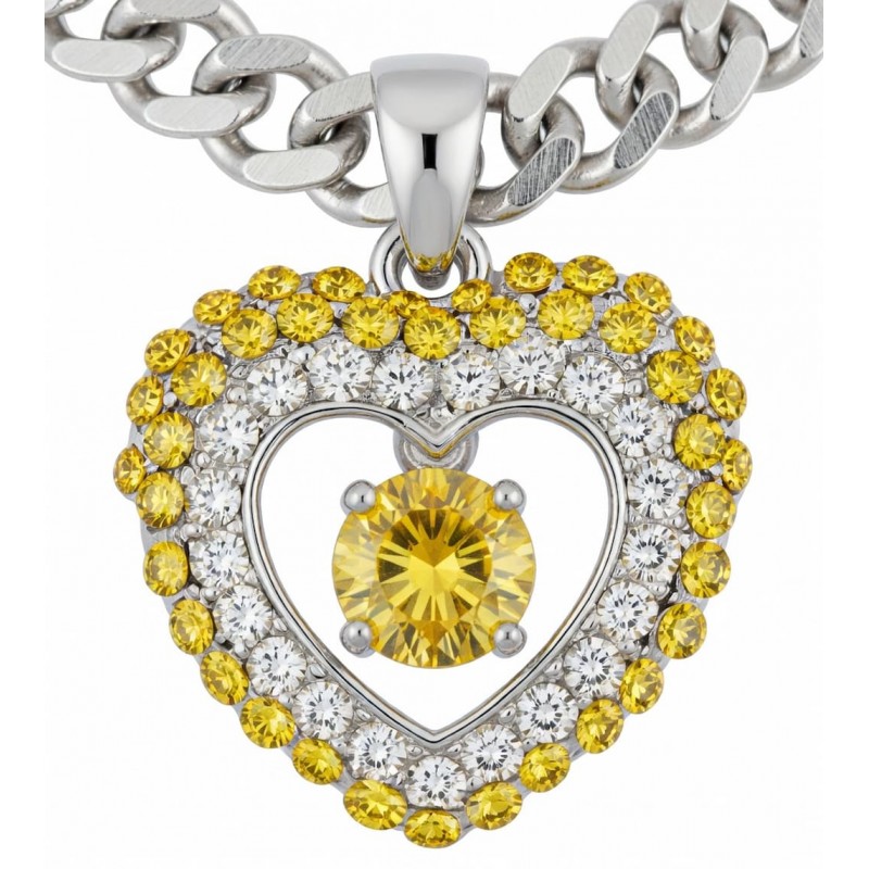 ollar de cadena dorada con colgante en forma de corazón de piedra citrino rodeado de cristales brillantes facetados.