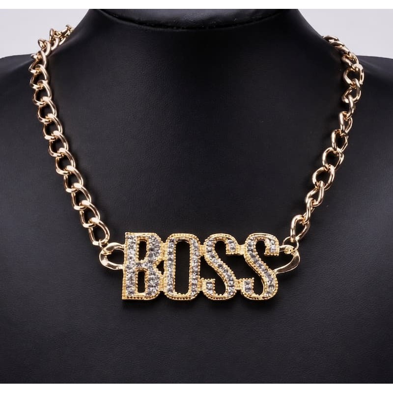 Collar de cadena dorada para hombre estilo hip hop con letras BOSS