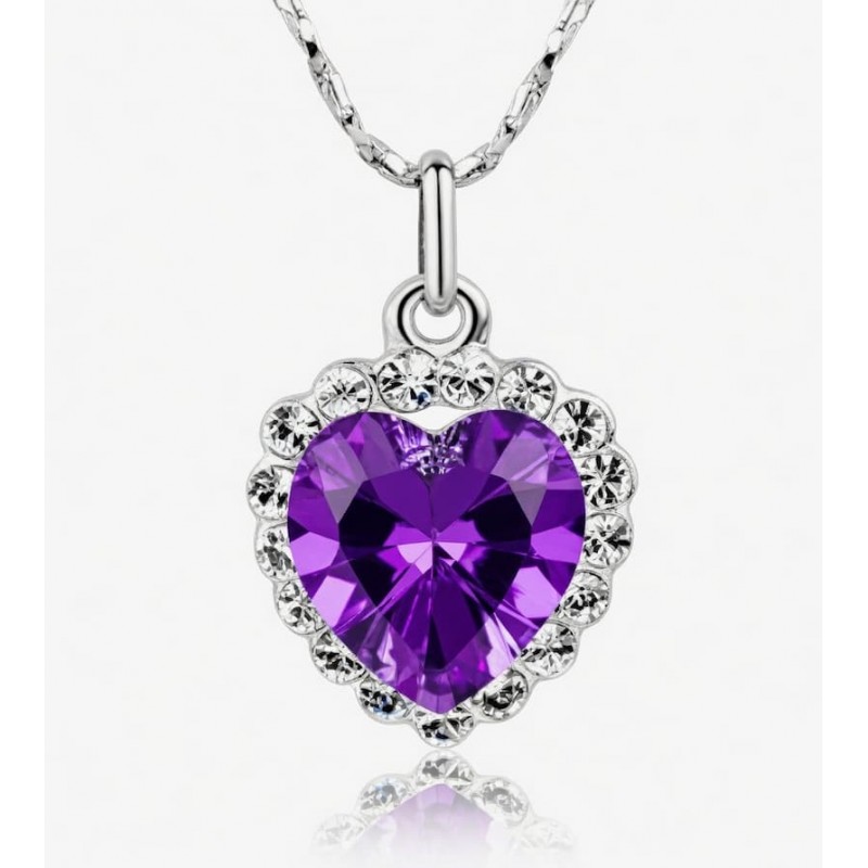 Collar de mujer con colgante de corazón púrpura bañado en plata