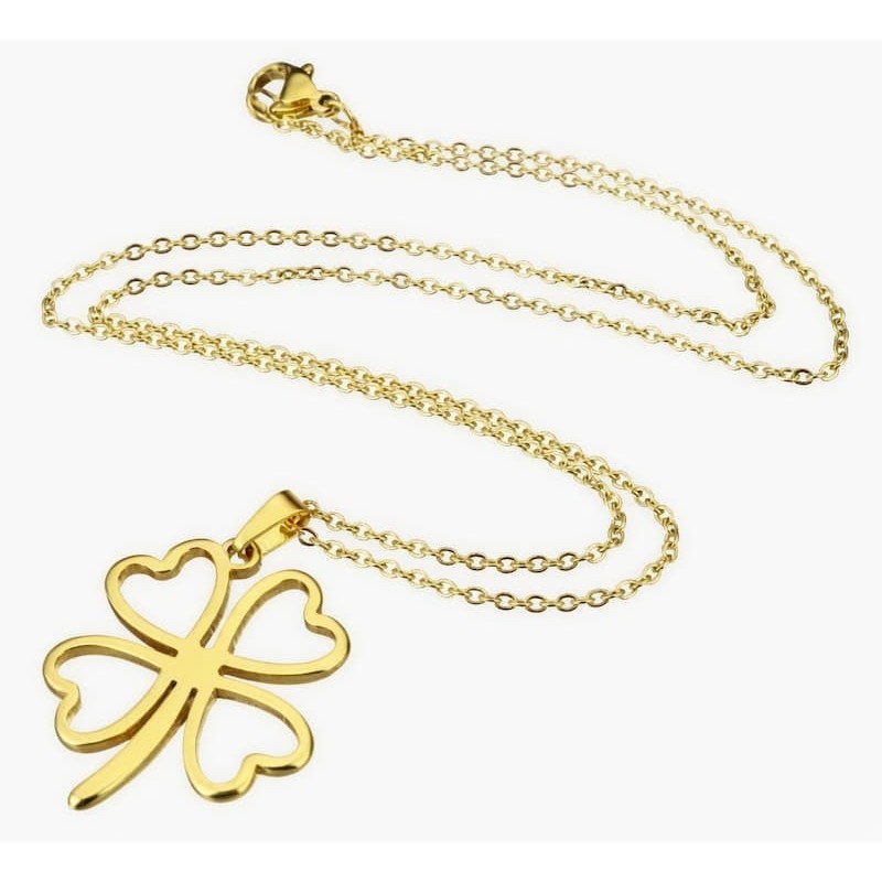 Cadena collar de acero dorado con colgante trébol de buena suerte