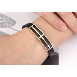 Distinguida pulsera de hombre elaborada en cuero vacuno y acero de color dorado